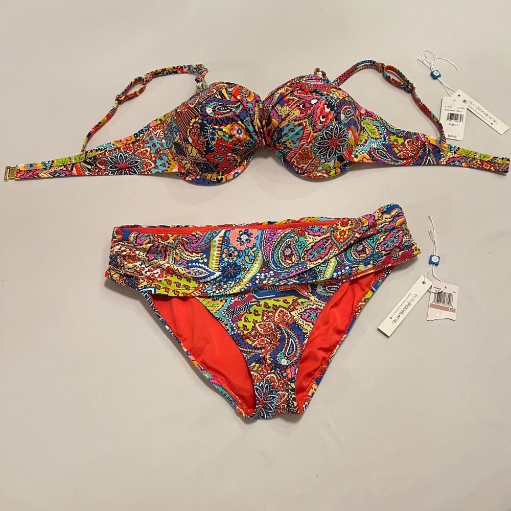 BLEU ROD BEATTIE Twist-Front Bikini Top Multi Paisley Sz 12